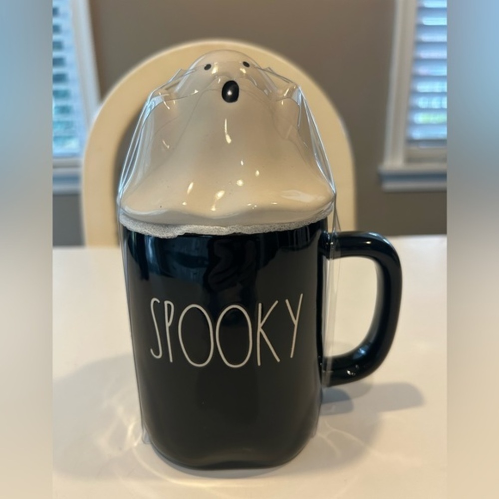 RAE DUNN BLACK HALLOWEEN MUG WITH GHOST TOPPER SPOOKY - BRAND NEW WITH SEAL